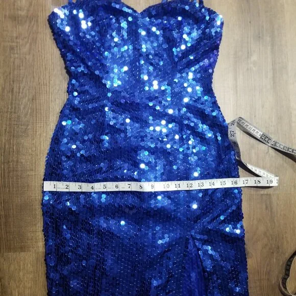 Sz 4 (fits modern size) Early 90s Vintage Niteline Royal Blue Sequin Gown Dress - Picture 10 of 12